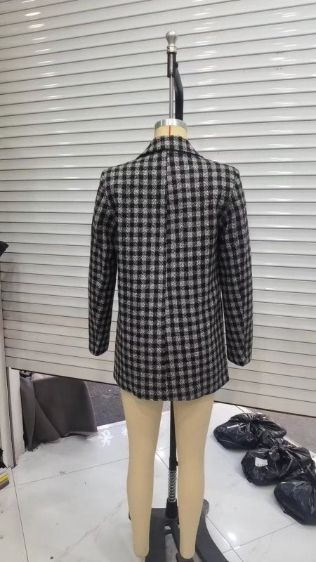 Autumn Woolen Plaid Blazer Women Small Blazer