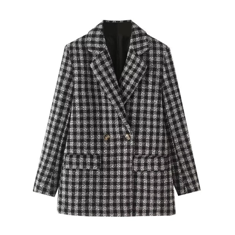 Autumn Woolen Plaid Blazer Women Small Blazer