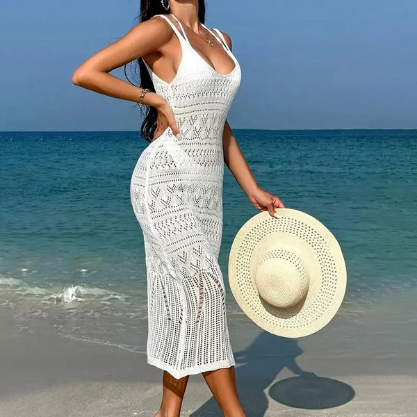 Beach Cover up Sexy Cutout Knitted Long Sling Backless Holiday Sun Proof Dress - Premium Swimwear for sale