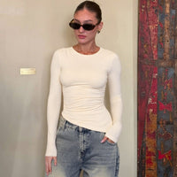 Beveled Round Neck Long Sleeve Top - Slim Fit Summer Blouse - Premium for sale