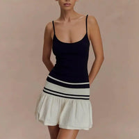 Black White Color Block Bodycon Dress - Elegant Ruched Spaghetti Strap Mini Dress for Women - Premium Dresses for sale
