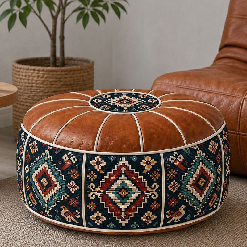 Bohemian PU Leather Pouf Cover – Unfilled, 53 cm - Premium Pouf Covers for sale