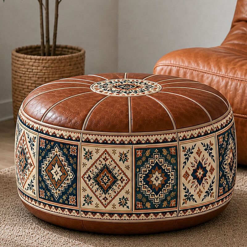 Bohemian PU Leather Pouf Cover – Unfilled, 53 cm - Premium Pouf Covers for sale