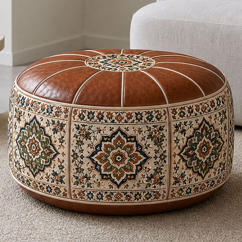 Bohemian PU Leather Pouf Cover – Unfilled, 53 cm - Premium Pouf Covers for sale