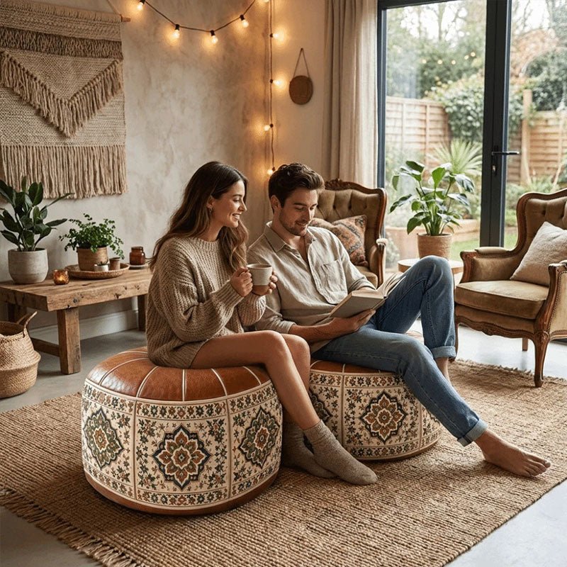 Bohemian PU Leather Pouf Cover – Unfilled, 53 cm - Premium Pouf Covers for sale