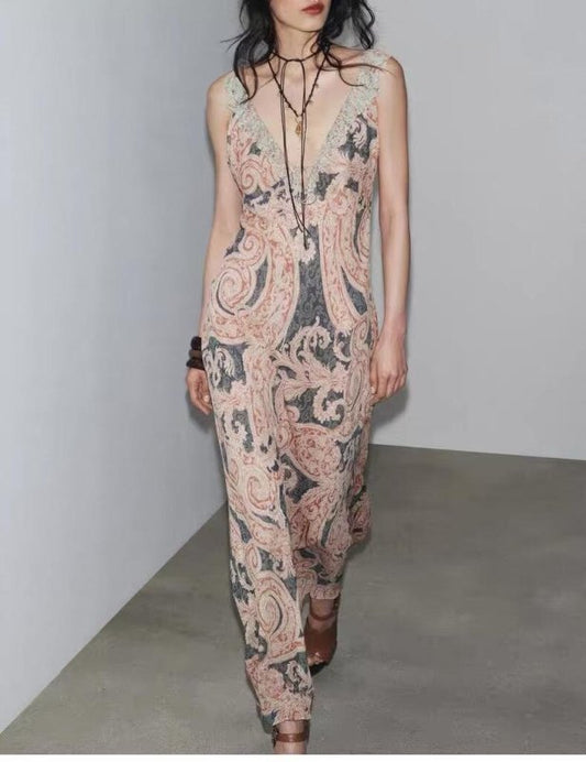 Boho Floral Maxi Dress - Elegant V - Neck Backless Vacation Dress with Paisley Print - Premium Dresses for sale