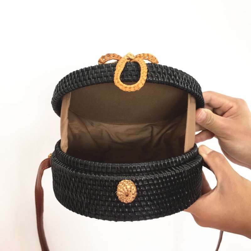 Bow Black Rattan Bag Ins Braided Diagonal Beach Bag Straw Women's Shoulder Bag Round Bag Handbag