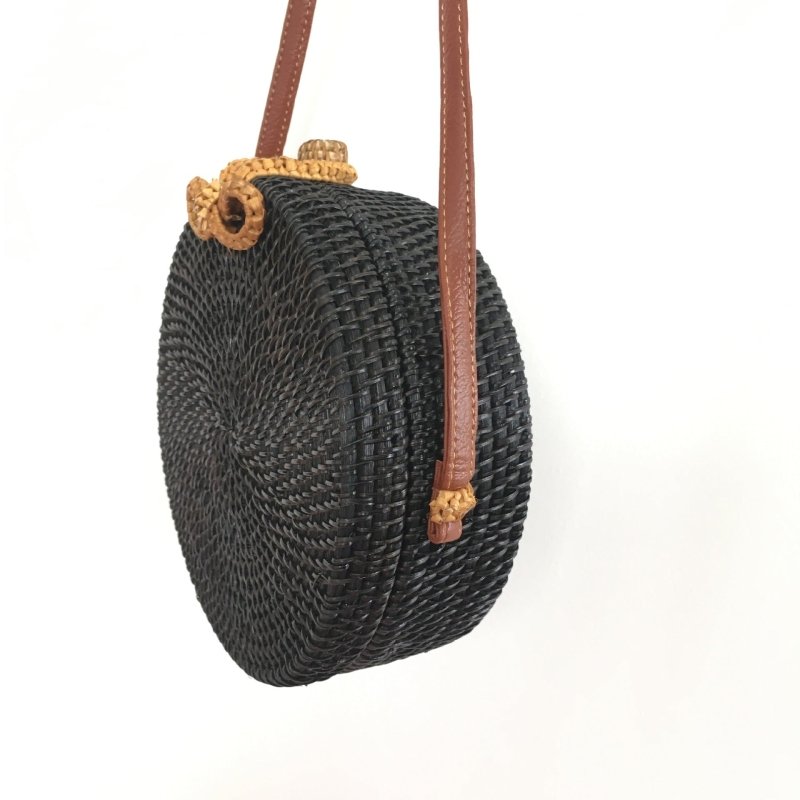 Bow Black Rattan Bag Ins Braided Diagonal Beach Bag Straw Women's Shoulder Bag Round Bag Handbag