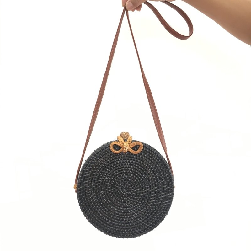 Bow Black Rattan Bag Ins Braided Diagonal Beach Bag Straw Women's Shoulder Bag Round Bag Handbag