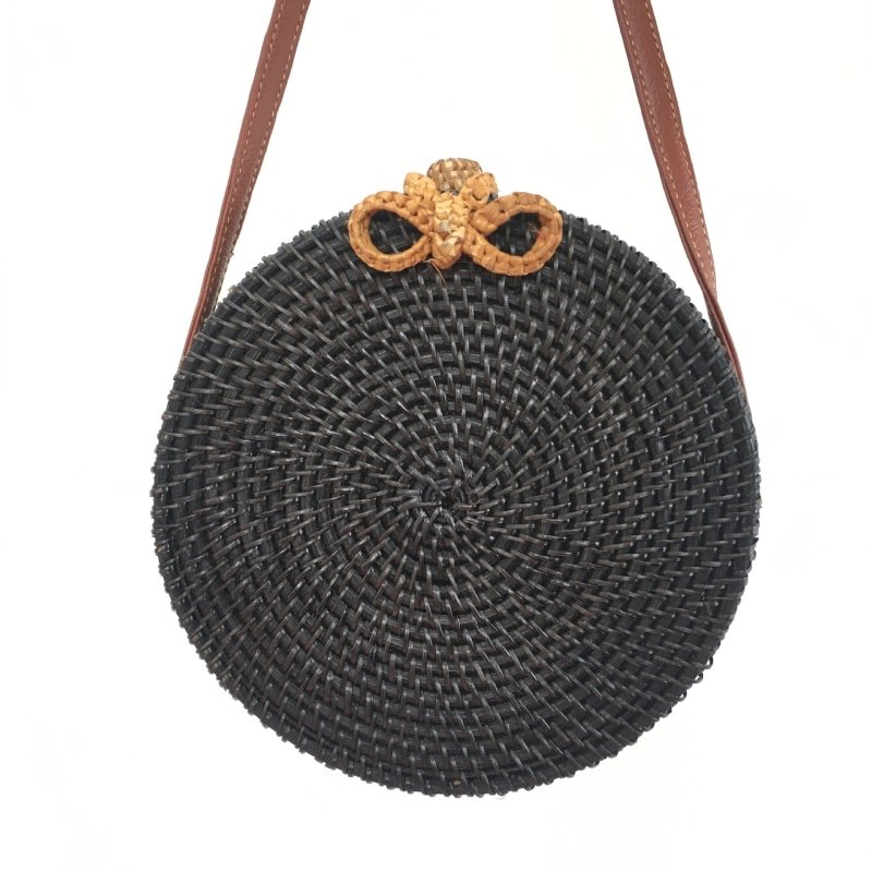 Bow Black Rattan Bag Ins Braided Diagonal Beach Bag Straw Women's Shoulder Bag Round Bag Handbag