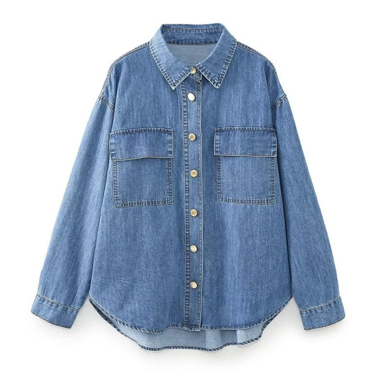 Casual Autumn Winter Stickers Pocket Decoration Denim Shirt