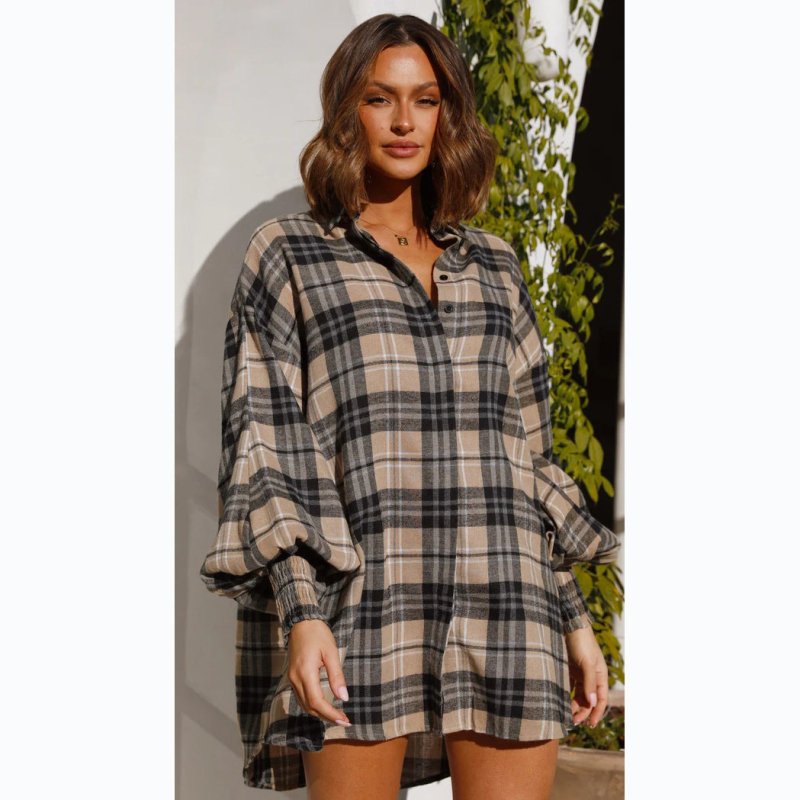 Casual Years Autumn Winter Plaid Lantern Sleeve Long Sleeve Shirt