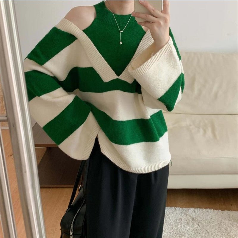 Chic Autumn Winter Retro Western Halter Off Shoulder Faux Two Pieces Design Contrast Color Striped Long Sleeve Knitted Sweater Women