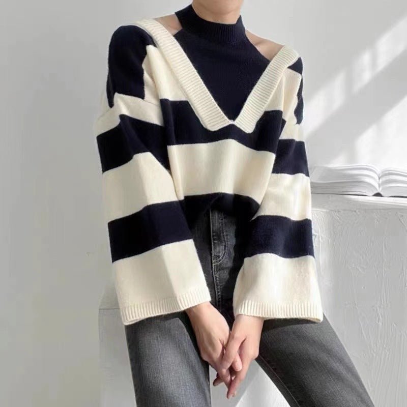 Chic Autumn Winter Retro Western Halter Off Shoulder Faux Two Pieces Design Contrast Color Striped Long Sleeve Knitted Sweater Women