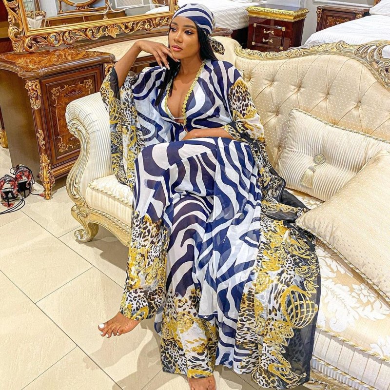 Chiffon cardigan loose pants two - piece set African robe