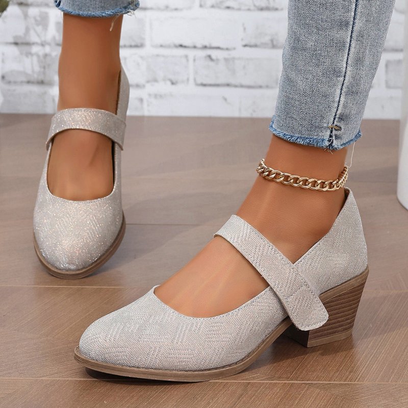 Chunky Heel Height Increasing Women Pumps Velcro Convenient Simple round Toe Women High Heel Single Layer Shoes round Toe