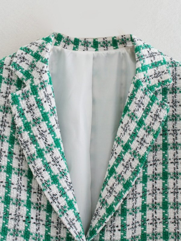 Classic Green Plaid Loose Blazer Spring Autumn Women Collared Mid - Length Wear Coat for Women