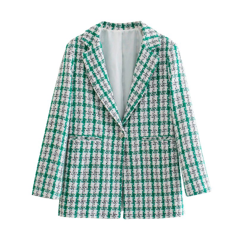 Classic Green Plaid Loose Blazer Spring Autumn Women Collared Mid - Length Wear Coat for Women