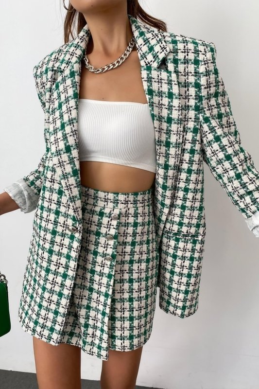 Classic Green Plaid Loose Blazer Spring Autumn Women Collared Mid - Length Wear Coat for Women