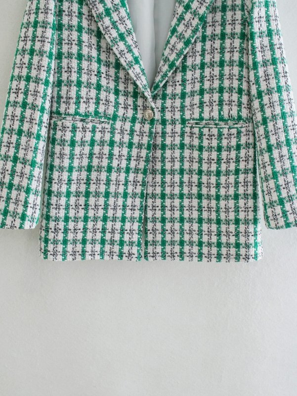 Classic Green Plaid Loose Blazer Spring Autumn Women Collared Mid - Length Wear Coat for Women