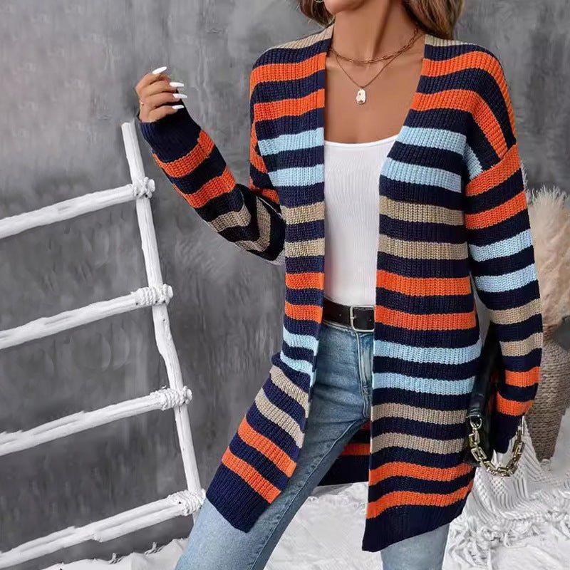 Classic Striped Knitted Coat Women Clothing V neck Long Sleeve Loose Sweater Cardigan Women