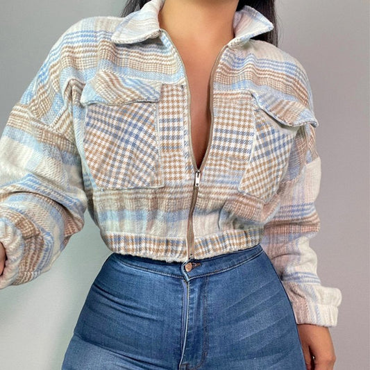 Coat Short Bare Cropped Slim Fit Plaid Shacket Collar Long Sleeve Blouse