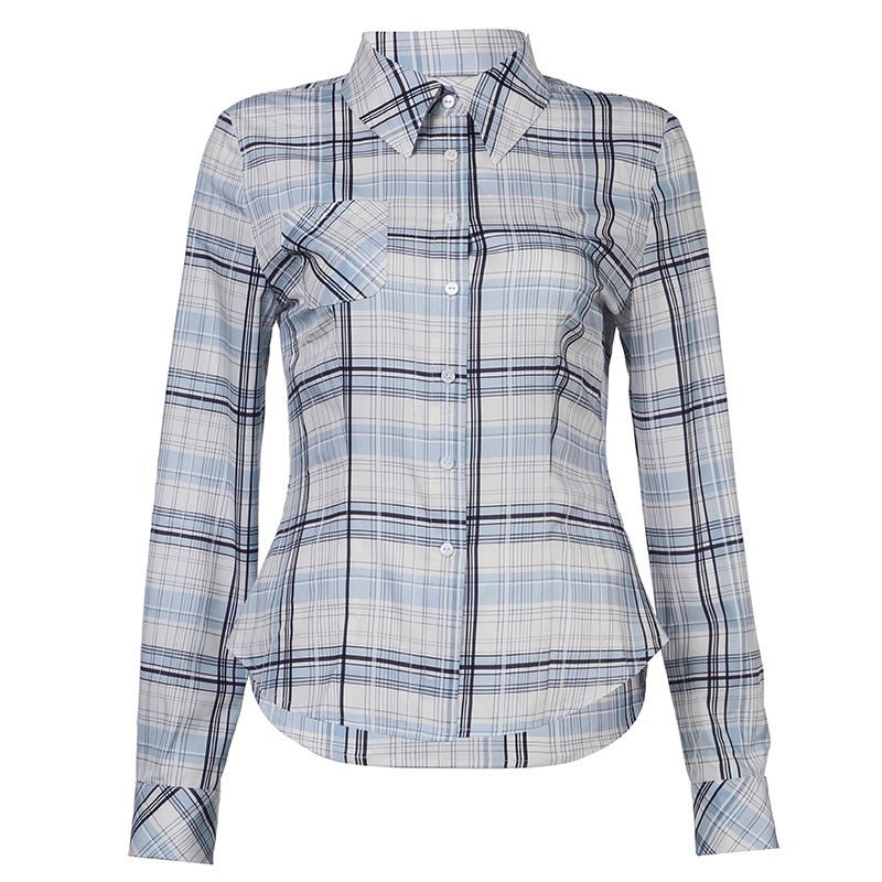 Collared Color Contrast Check Breasted Pocket Long Sleeve Shirt Sexy Waist Slimming Casual Short Top