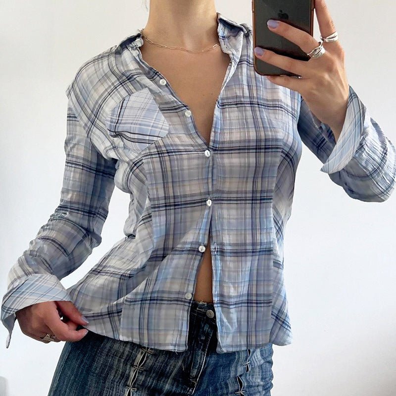 Collared Color Contrast Check Breasted Pocket Long Sleeve Shirt Sexy Waist Slimming Casual Short Top