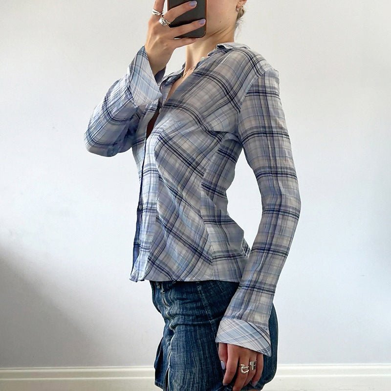 Collared Color Contrast Check Breasted Pocket Long Sleeve Shirt Sexy Waist Slimming Casual Short Top