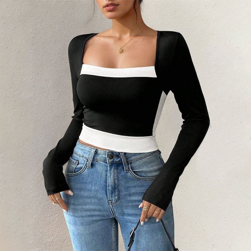 Color Block Square Collar Top - Long Sleeve Women's Shirt - Premium for sale