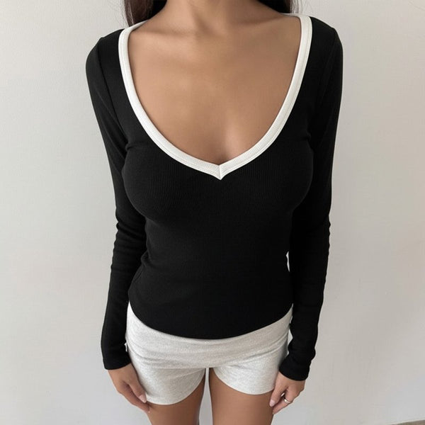 Color Block V - Neck Knit Top - Casual Long Sleeve Shirt - Premium for sale