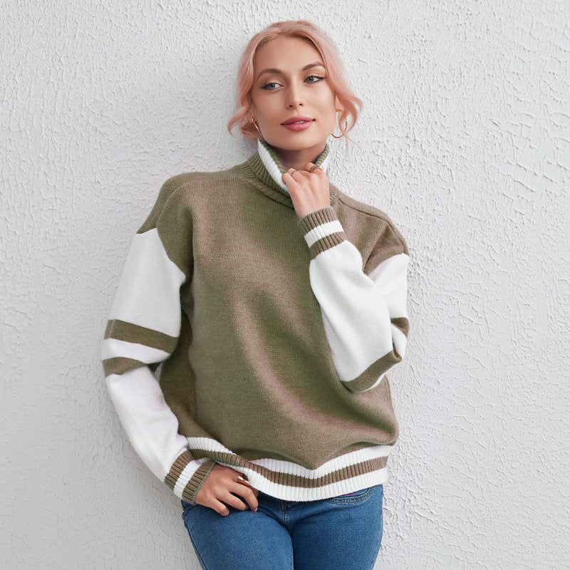 Color Matching Pullover Women Long Sleeve Turtleneck Sweater Coat Autumn Winter Women Sweater