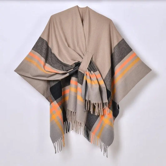 Color Striped Strap Inverness Women Jacquard Warm Tassel Cardigan Outer Wear - Premium Scarves & Shawls for sale