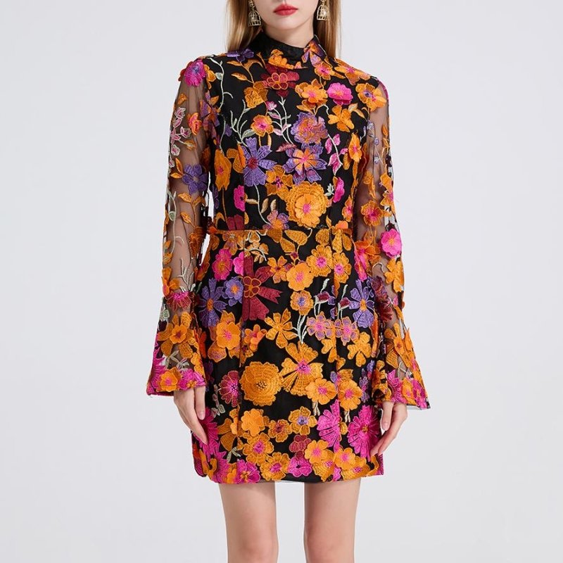 Colorful 3D Floral Embroidery Dress - Flower Shaped Collar Wide Sleeve Flared Dress - Premium Dresses for sale