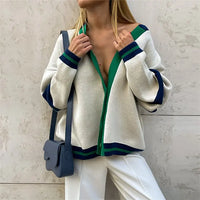 Contrast Color Cardigan Loose Casual Autumn Winter Sweater Women Striped Simple Knitted Sweater Coat - Premium Cardigan for sale