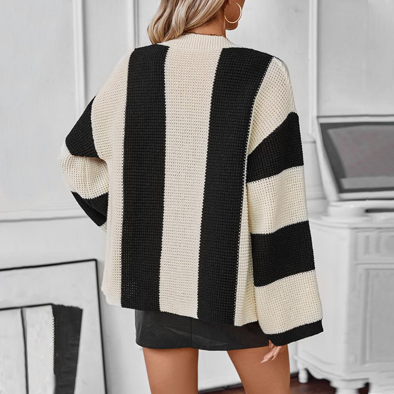 Contrast Color Striped Women Sweater Cardigan Autumn Winter Casual Loose Women Clothing Sweater