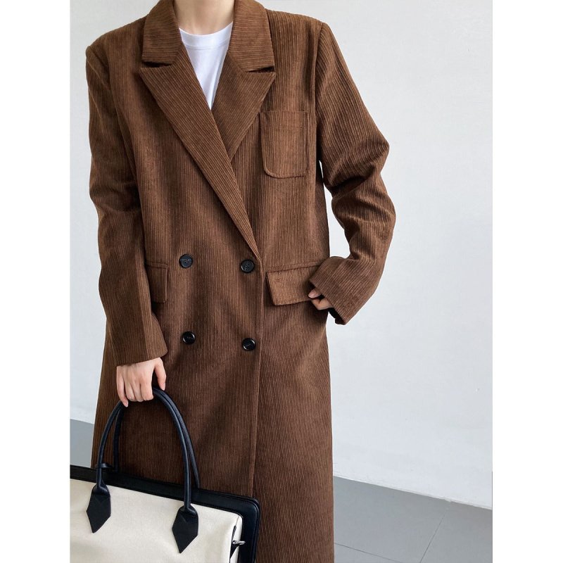 Corduroy blazer women's mid - length over - the - knee spring and autumn British style high - end woolen coat