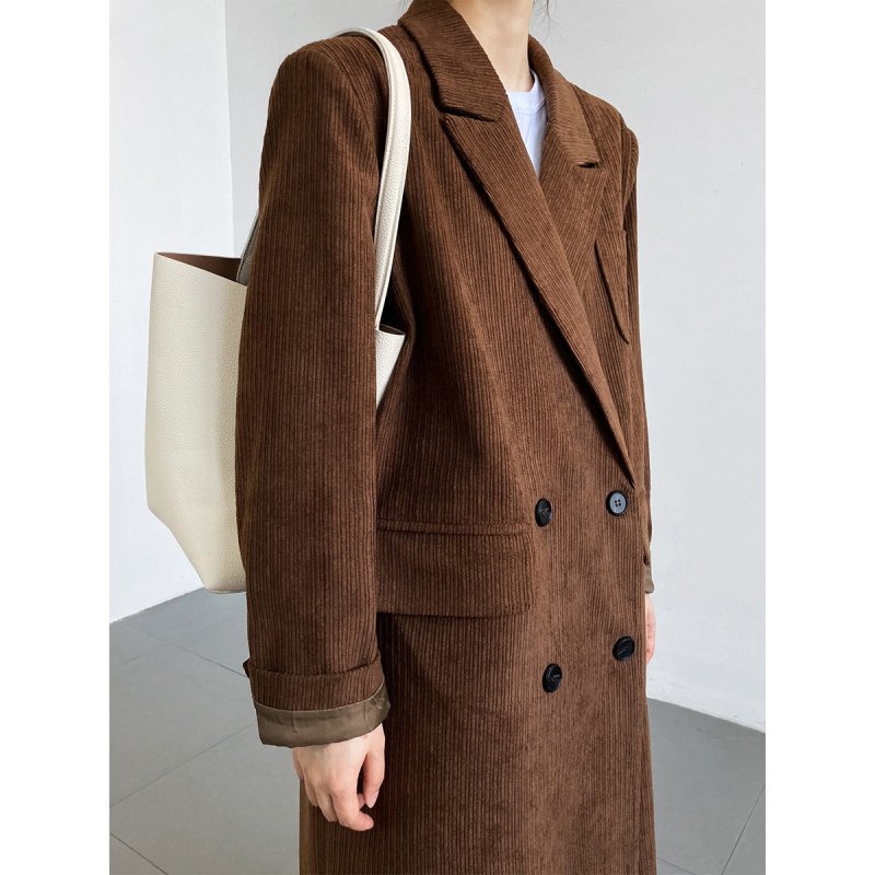 Corduroy blazer women's mid - length over - the - knee spring and autumn British style high - end woolen coat