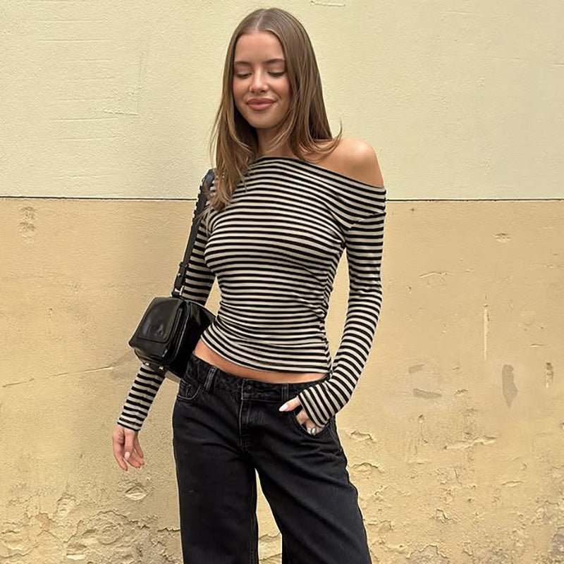 Diagonal Collar Striped Long Sleeve Top - Contrast Color Shirt - Premium for sale