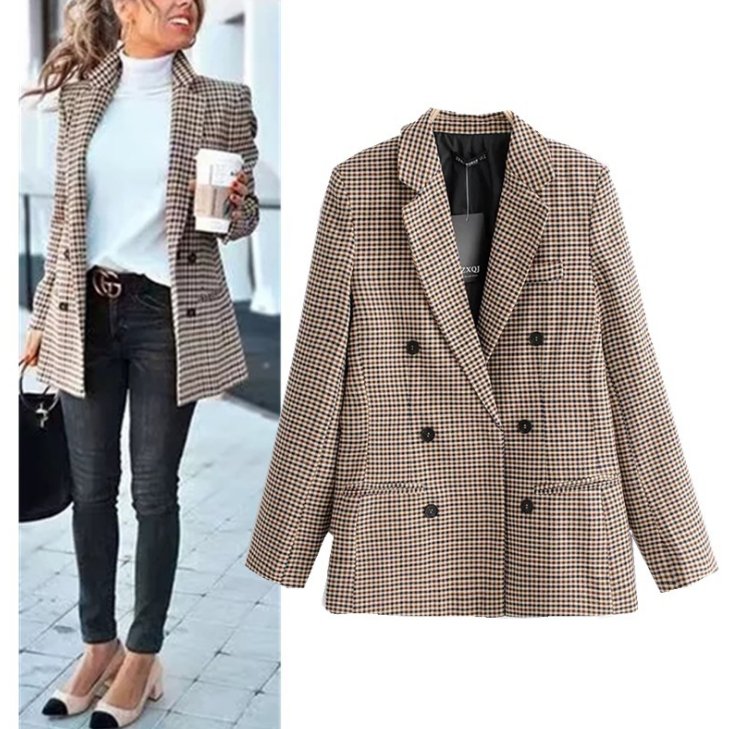 Double breasted short plaid women blazer Long sleeve pocket tweed ladies blazer Winter jacket office suit female