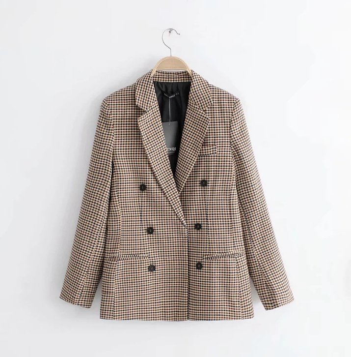 Double breasted short plaid women blazer Long sleeve pocket tweed ladies blazer Winter jacket office suit female