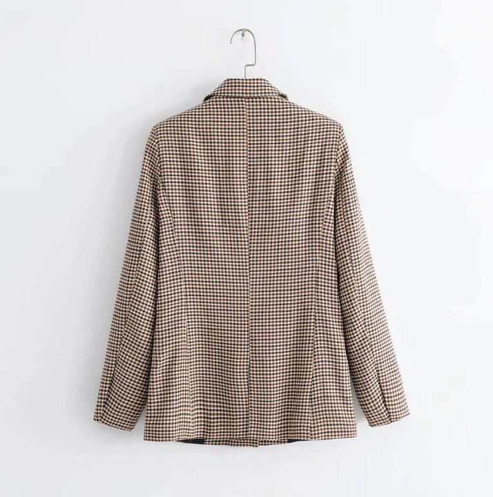 Double breasted short plaid women blazer Long sleeve pocket tweed ladies blazer Winter jacket office suit female