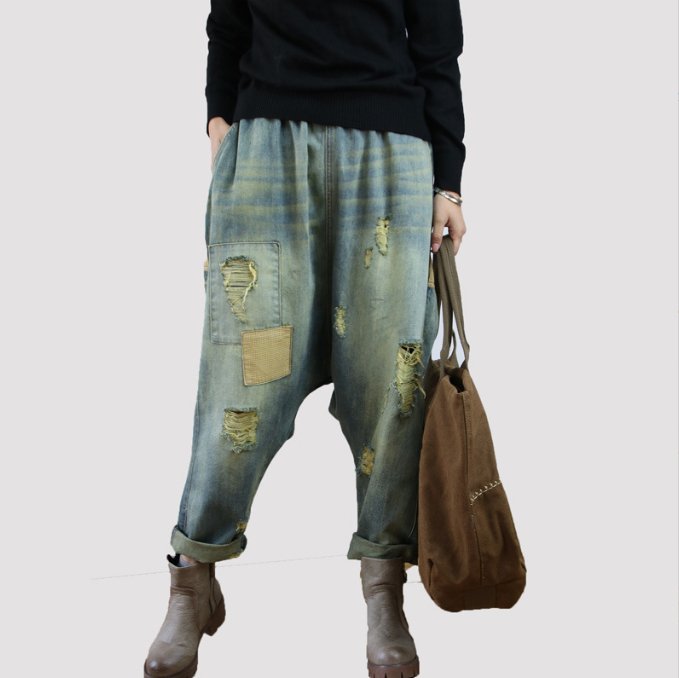 Elastic Loose Oversized Casual Frayed Patch Denim Baggy Pants