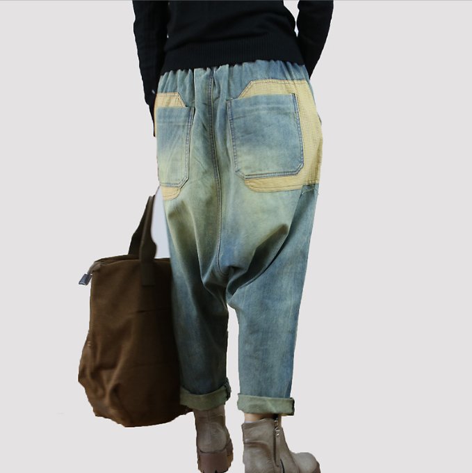 Elastic Loose Oversized Casual Frayed Patch Denim Baggy Pants