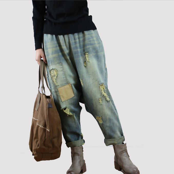 Elastic Loose Oversized Casual Frayed Patch Denim Baggy Pants