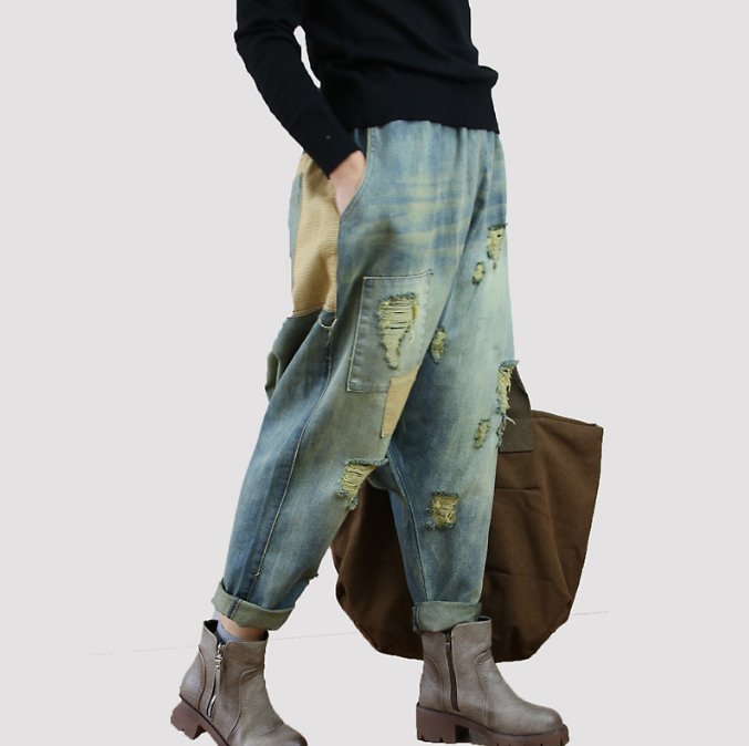 Elastic Loose Oversized Casual Frayed Patch Denim Baggy Pants