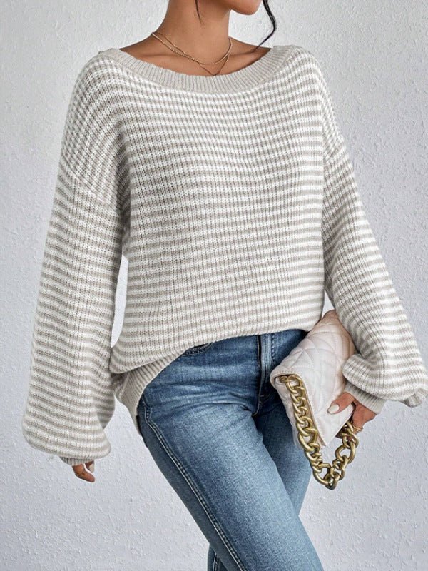 Elegant Boat Neck Spring Autumn Knitted Sweater Classic Striped Contrast Color Pullover Casual Top