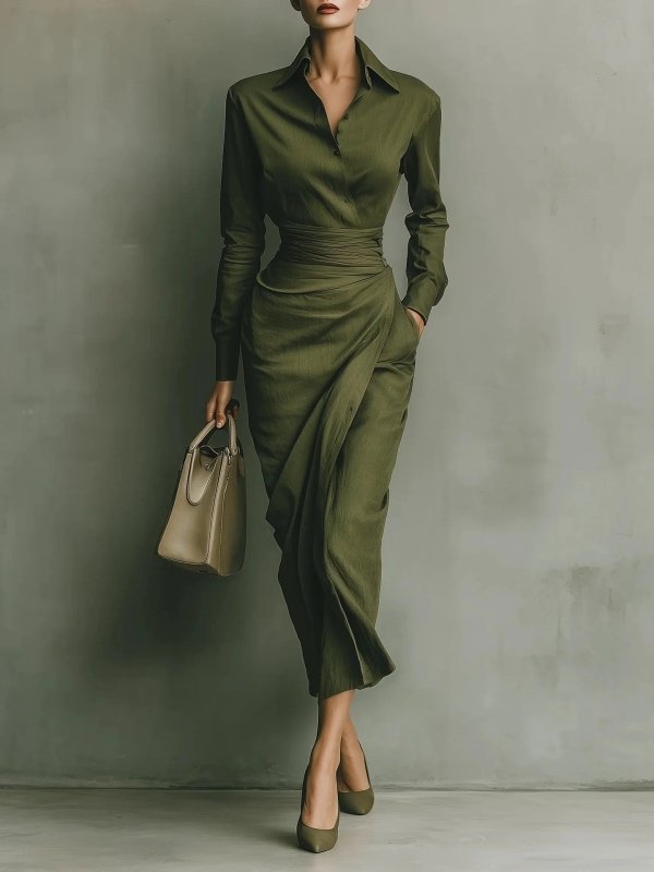 Elegant Olive Green Dress - Slim Fit Long Sleeve Shirt Dress - Premium Dresses for sale