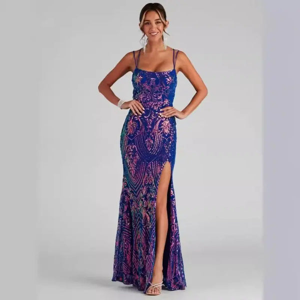 Elegant Sequined Evening Dress - Long Maxi Spaghetti Strap Cocktail Party Dress for Women - Premium Dresses for sale
