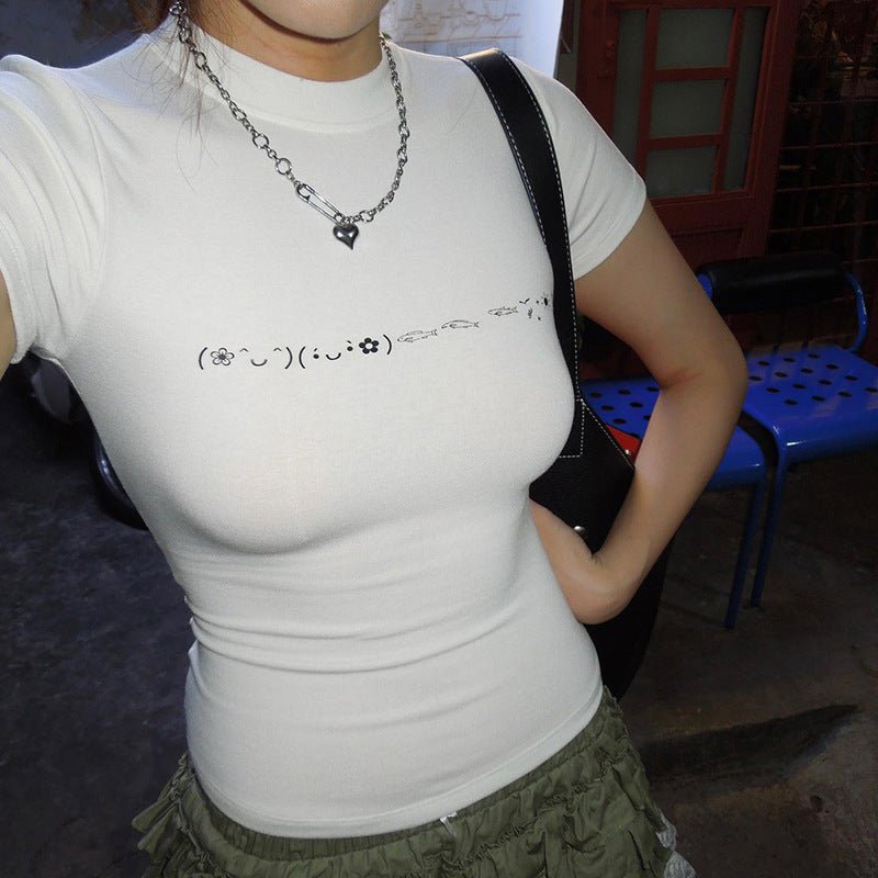 Emoji Printed Crop Top - Short Sleeve Summer T-Shirt - Premium for sale